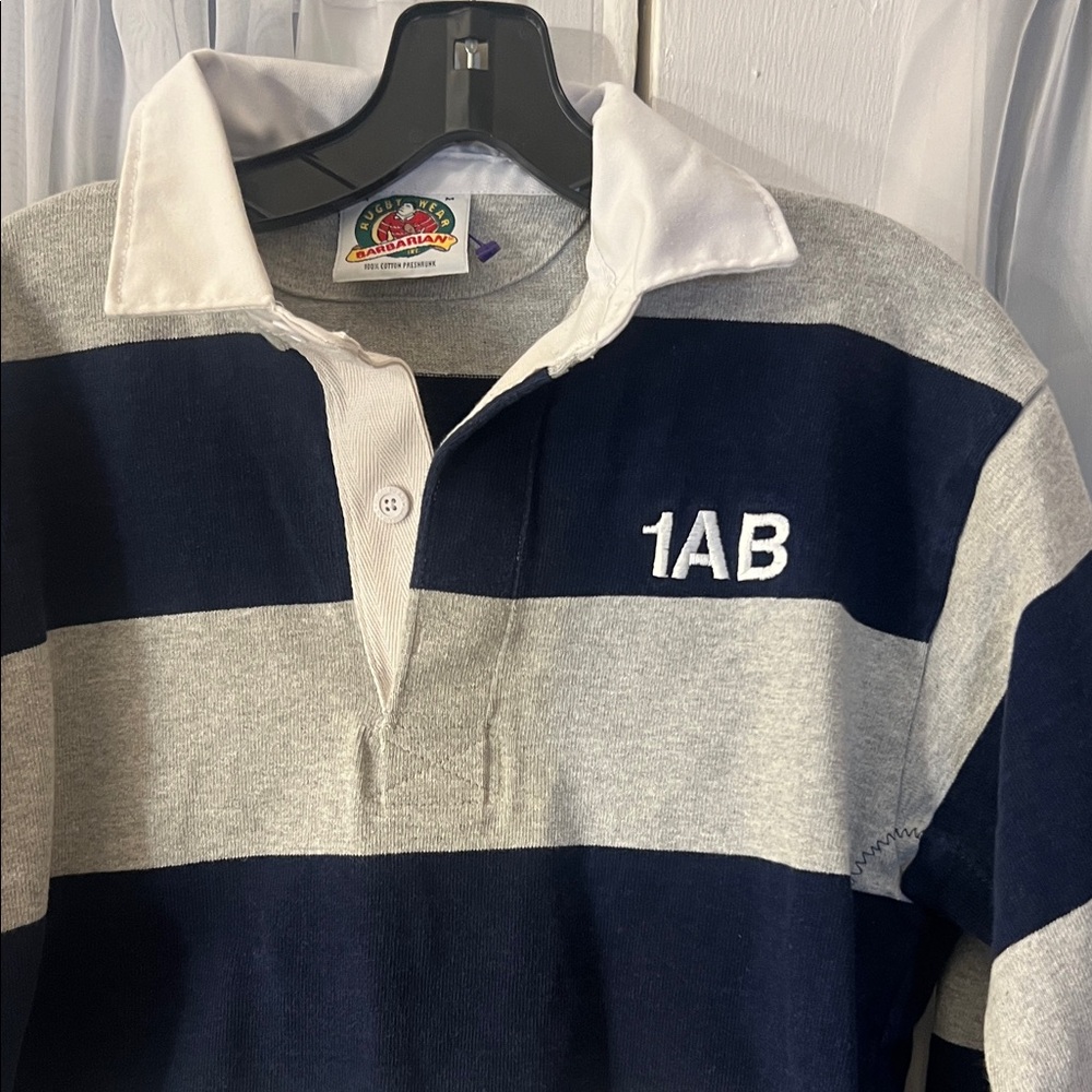Barbarian Navy and Gray Striped Rugby Polo Shirt Men’s Medium